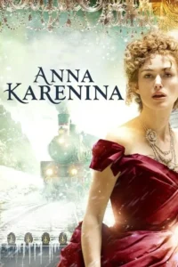 Mulher em vestido vermelho opulento. Um trem a vapor avança em paisagem de neve. Lustres de cristal adornam o topo.