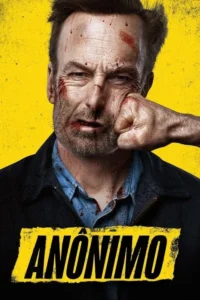 Homem barbudo,rosto ensanguentado e deformado por um soco. Veste jaqueta escura. Fundo amarelo granulado. Clima de ação e violência.