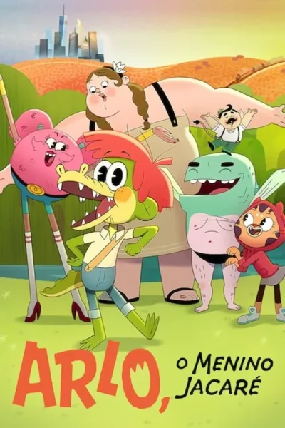Pôster animado. Um jacaré verde com cabelo ruivo sorri com diversos amigos coloridos em um campo, com cidade ao fundo. Clima alegre e divertido.