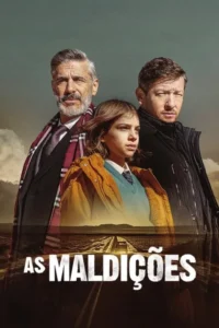 Pôster com três pessoas sérias (homem barbudo,menina,homem). Fundo de estrada deserta e céu cinzento. A atmosfera é de mistério.