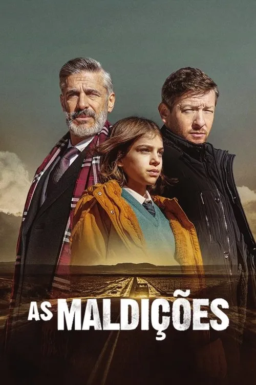 As Maldições 1 Pôster com três pessoas sérias (homem barbudo,menina,homem). Fundo de estrada deserta e céu cinzento. A atmosfera é de mistério.