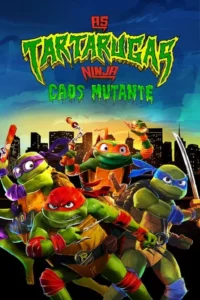 Pôster animado:Quatro tartarugas mutantes com máscaras coloridas e armas,em poses de luta numa cidade ao pôr do sol. Clima de ação.