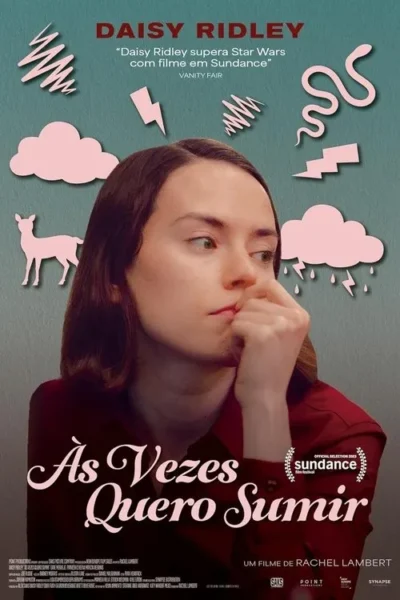 Pôster com mulher pensativa em camisa vermelha, com ilustrações rosa (nuvens, veado, cobras, raios) flutuando ao redor em fundo verde-azulado.