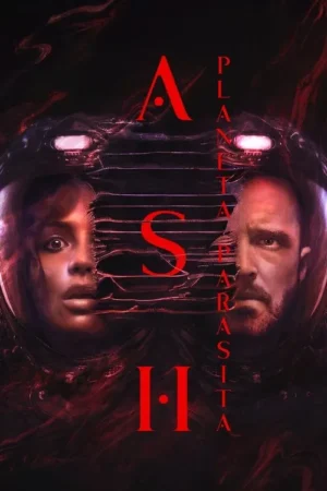 Pôster sombrio. Mulher e homem em capacetes rachados, com um fundo orgânico vermelho e escuro. Clima de terror sci-fi.