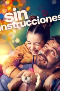 Homem e menina sorrindo com adesivos no rosto do homem, em um fundo vibrante de luzes e confetes. Ela segura um coelho de pelúcia.