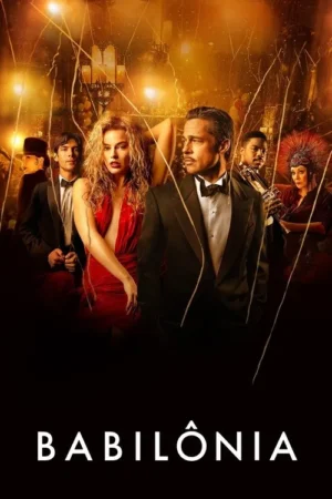 Um grupo de figuras glamorosas em trajes de festa. Mulher de vermelho, homem de smoking. Cena dourada e caótica com confetes.