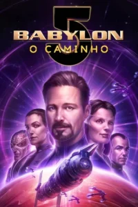 Pôster sci-fi. Grupo de humanos e um alienígena em destaque. Atrás, estação espacial, naves e um planeta vermelho em espaço roxo vibrante.