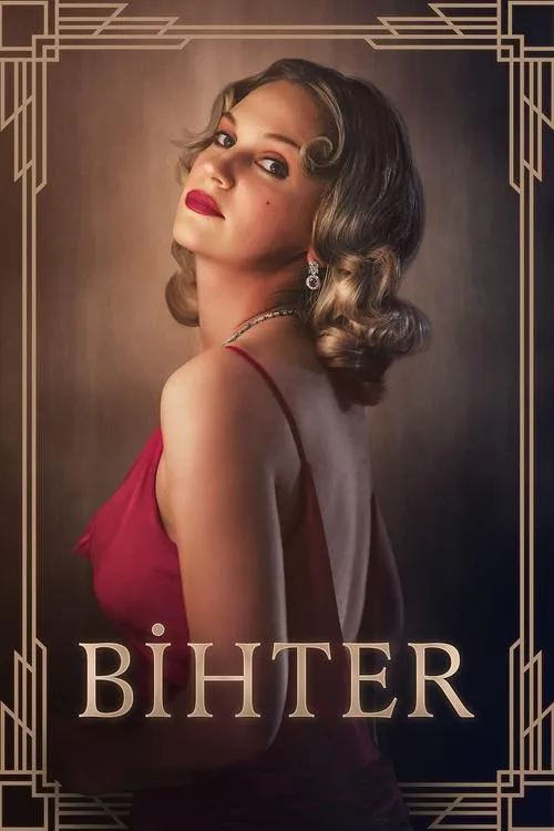 BIHTER:A FORBIDDEN PASSION 1 Mulher glamorosa em vestido vermelho,cabelo ondulado retrô e batom vermelho,olha por cima do ombro. Moldura Art Deco.