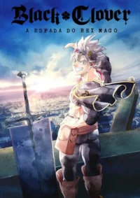 Jovem herói anime sorridente com cabelo branco e capa preta,segurando uma espada gigante,em ruínas sob um céu vibrante e ensolarado.