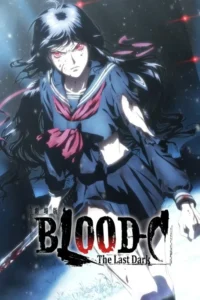 Garota de anime, olhos vermelhos, uniforme escolar azul rasgado e ensanguentado, empunhando uma katana. Noite escura e tensa.