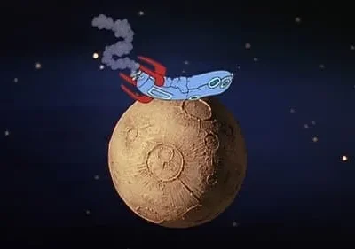 Nave espacial azul de desenho animado pousada em uma lua craterada. Fumaça sai da nave. Fundo é o espaço estrelado.