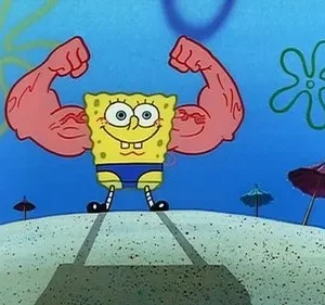 Um personagem quadrado e amarelo com grandes braços musculosos flexionados. Ele sorri em uma praia subaquática com guarda-chuvas.