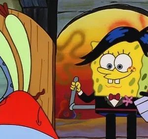 Personagem amarelo com peruca preta e smoking sorri, segurando microfone, sob arco iluminado. Caranguejo vermelho o observa de uma porta.