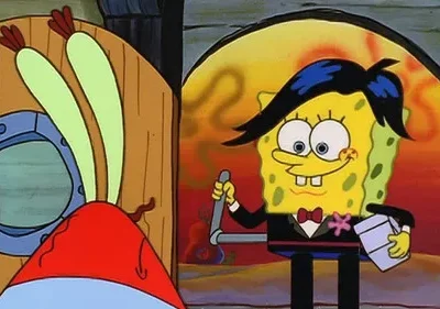 Personagem amarelo com peruca preta e smoking sorri, segurando microfone, sob arco iluminado. Caranguejo vermelho o observa de uma porta.