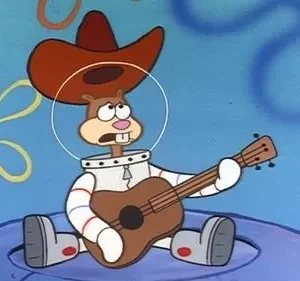 Esquilo cartunizado com chapéu de caubói e roupa de astronauta toca violão, parecendo angustiado. Fundo azul subaquático.