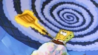 Um personagem esponja amarelo segura uma espátula dourada brilhante, olhando determinado para um vórtice espiral azul ameaçador acima.