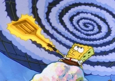 Um personagem esponja amarelo segura uma espátula dourada brilhante, olhando determinado para um vórtice espiral azul ameaçador acima.