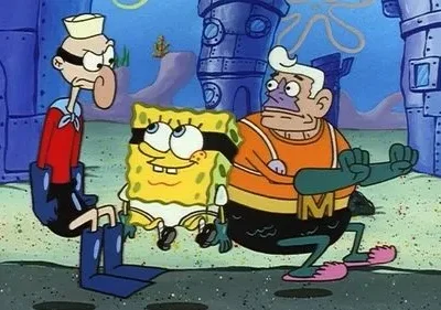 Três personagens cartoon subaquáticos: um marinheiro ranzinza sentado, uma criatura amarela com máscara, e um herói em pose de luta.