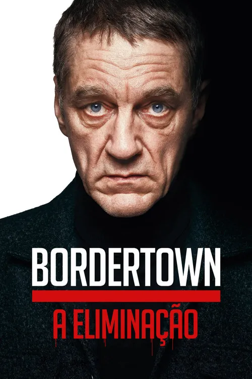 Bordertown:A Eliminação 1 Close-up de homem maduro com olhar intenso e sério,vestindo casaco escuro. Fundo preto. Clima sombrio e dramático.