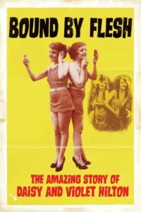 Pôster vintage amarelo. Duas mulheres conjoined posam,uma aplicando maquiagem. À direita,imagem sépia delas mais jovens.
