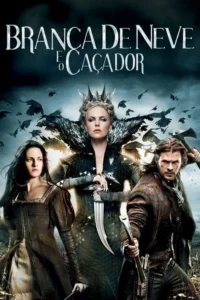 Pôster. Central: Rainha de coroa escura e adaga. Lados: Mulher jovem e homem com machado. Céu sombrio com corvos.