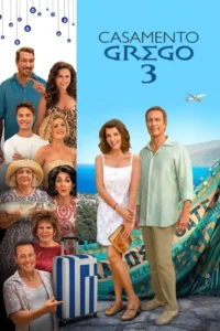 Pôster com elenco sorridente. Esquerda:fundo branco com ícones gregos. Direita:casal feliz em paisagem costeira azul com mar e avião.