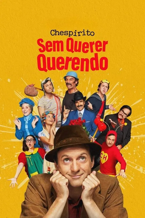 Pôster vibrante com homem sorrindo em primeiro plano,rodeado por 9 personagens icônicos em poses animadas. Clima alegre.