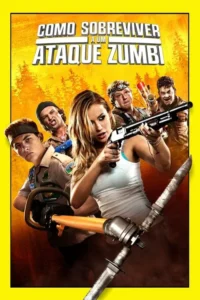Pôster:Mulher com espingarda e 4 homens,incluindo escoteiro com motosserra e armas improvisadas,prontos para a ação em floresta laranja.