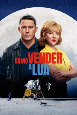 Homem e mulher em estilo clássico sobre a lua cheia. Abaixo, módulo lunar, astronautas, uma pessoa e um gato na superfície da lua.