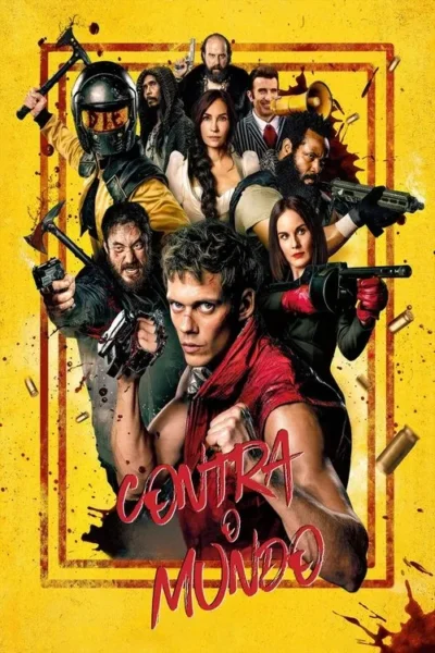 Pôster de ação: Múltiplos personagens armados em fundo amarelo. Um homem de punhos cerrados no centro, cercado por caos e sangue.