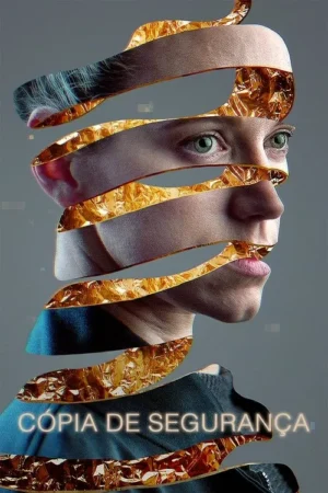 Pôster: rosto de mulher fragmentado em tiras, separadas por faixas douradas amassadas. Olhos verdes fixos. Sugere mistério e desconstrução.