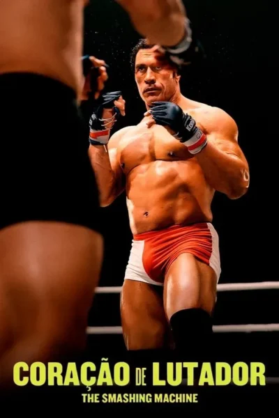 Um lutador musculoso de MMA com luvas encara um oponente no ringue. Clima de tensão e combate.