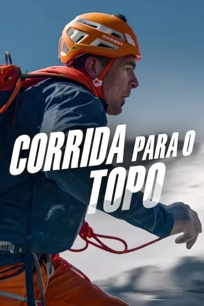 Escalador com capacete laranja e mochila, olhando à frente em montanha gelada. Clima de aventura e foco.