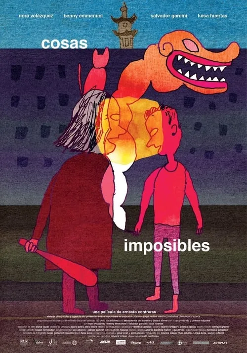 Cosas Imposibles 1 Pôster surreal. Uma figura grande com bastão,outra menor. Rostos etéreos,gato vermelho,dragão e pagode sobre fundo escuro.