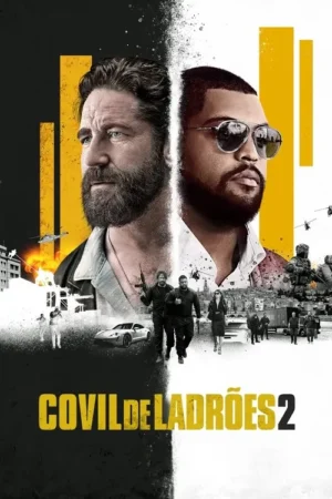 Pôster de ação: Dois homens intensos, um de óculos, dividem a imagem. Cenas de helicópteros, explosões e combate urbano.