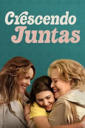 Três mulheres de gerações distintas se abraçam e sorriem calorosamente num fundo azul-petróleo estampado. Cena de afeto.