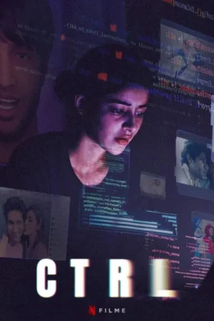 Pôster com mulher apreensiva olhando telas digitais cheias de código e dados. Imagens de pessoas e clima tecnológico-dramático.