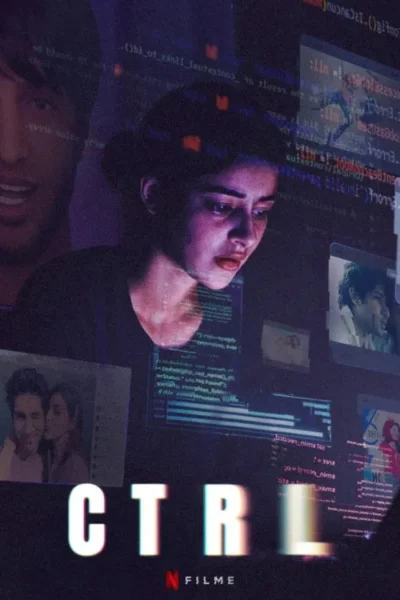 Pôster com mulher apreensiva olhando telas digitais cheias de código e dados. Imagens de pessoas e clima tecnológico-dramático.