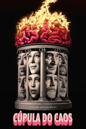 Cérebro em chamas sobre uma torre de pilares formada por bustos de rostos sérios e preocupados. Clima de crise e tensão.