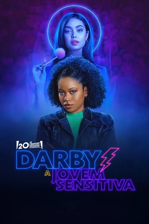 Duas jovens mulheres em um fundo místico roxo e azul. Uma em primeiro plano com jaqueta,a outra etérea com auréola neon e pompom.