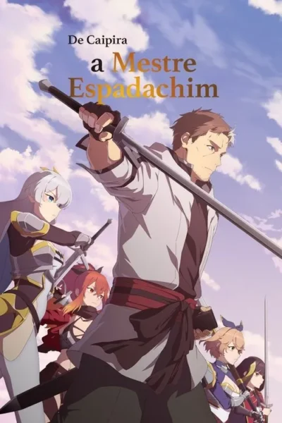 Um homem forte empunha uma espada, liderando um grupo de guerreiras em armadura. Vasto céu com nuvens ao fundo. Pôster de fantasia e aventura.