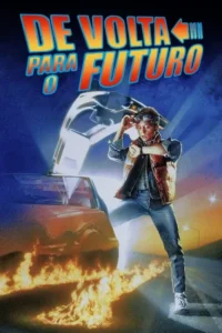 Pôster:jovem surpreso abaixa óculos,olhando o pulso. Ao lado,carro futurista com portas abertas e rastro de fogo. Cenário noturno.