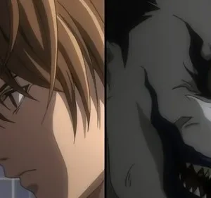 Pôster de anime dividido. Um jovem pensativo à esquerda, um monstro sinistro com dentes afiados e olhos vermelhos à direita. Clima sombrio.