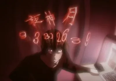 Homem de anime com olhar intenso, sentado a uma mesa com computador. Números e ideogramas vermelhos brilhantes flutuam à sua volta. Clima sombrio.