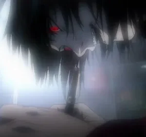 Personagem de anime com cabelo preto bagunçado, olhos vermelhos brilhantes e expressão furiosa, segurando um objeto pontiagudo. Cenário escuro com luz intensa. Clima sombrio.