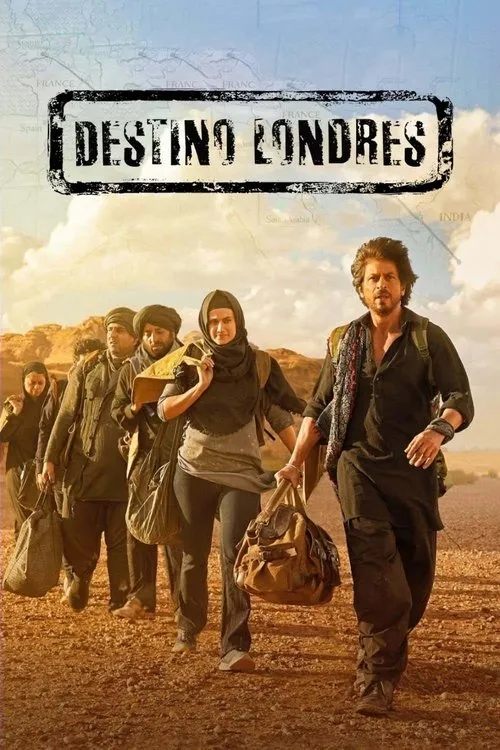 Destino Londres 1 Grupo de 7 pessoas com bagagens caminha por deserto árido. Um homem com cachecol e uma mulher de hijab lideram. Mapa global no fundo.