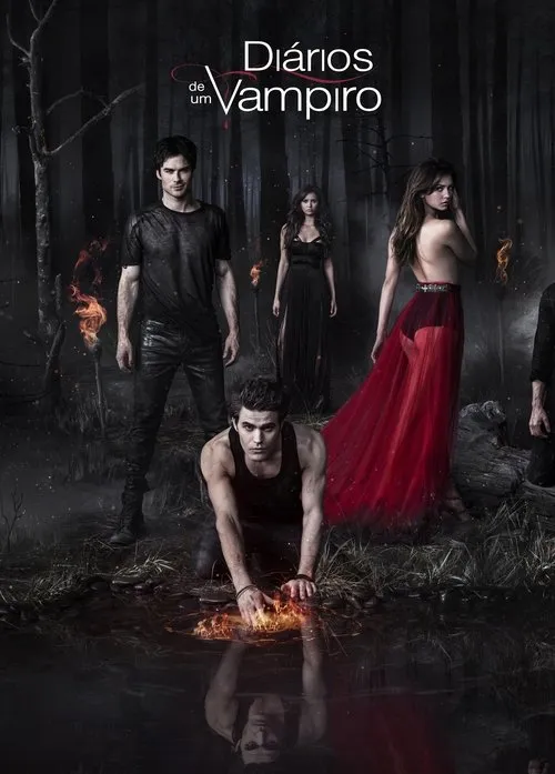 Diários de um Vampiro 1 Quatro figuras em uma floresta escura e mística. Um homem ajoelhado toca fogo na água,e uma mulher de vestido vermelho vibrante olha para trás.