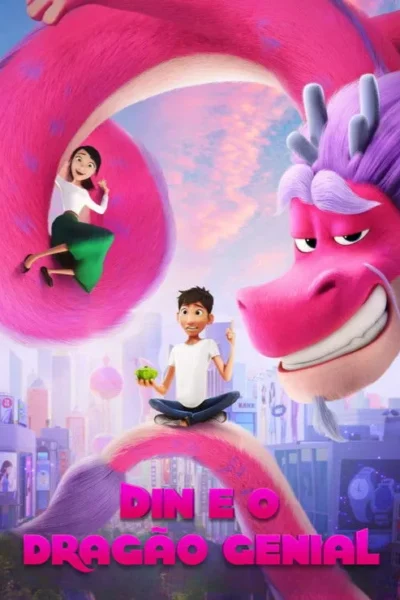 Pôster animado. Um enorme dragão rosa voa sobre uma cidade. Um jovem senta em sua cauda, uma garota acena de seu corpo. Clima mágico e vibrante.