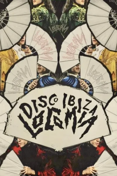 Pôster simétrico com figuras em trajes coloridos e históricos. Leques brancos e texto central cobrem rostos. Atmosfera teatral e enigmática.