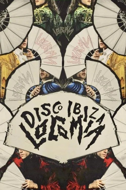 Disco,Ibiza,Locomía 1 Pôster simétrico com figuras em trajes coloridos e históricos. Leques brancos e texto central cobrem rostos. Atmosfera teatral e enigmática.